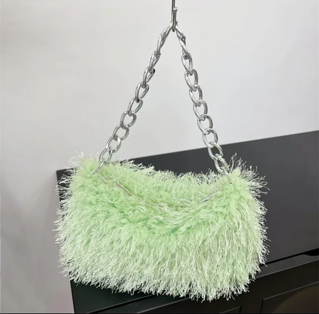 (Free Shipping) Plush Women's Hobos Underarm Bag Hot Girls Furry Clutch Shoulder Bag Luxury Faux Fur Female Fluffy Armpit Handbag