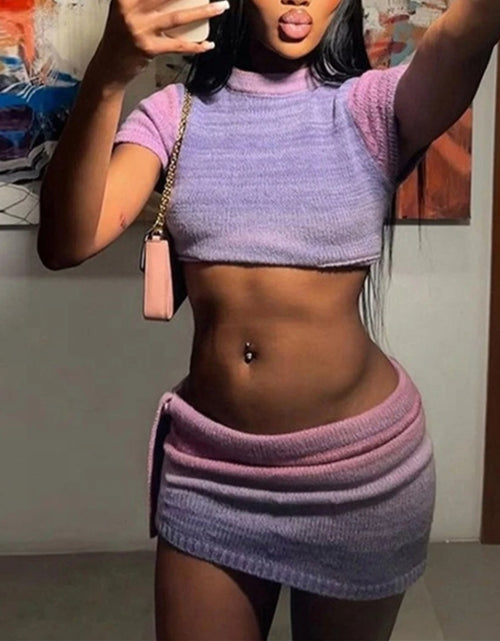 Load image into Gallery viewer, (Free Shipping)(Tariffs included in price) Summer New Trendy Gradient Color Knitted 2 Piece Skirts Set Cropped Women's Tops And Bodycon Dress Women's Set
