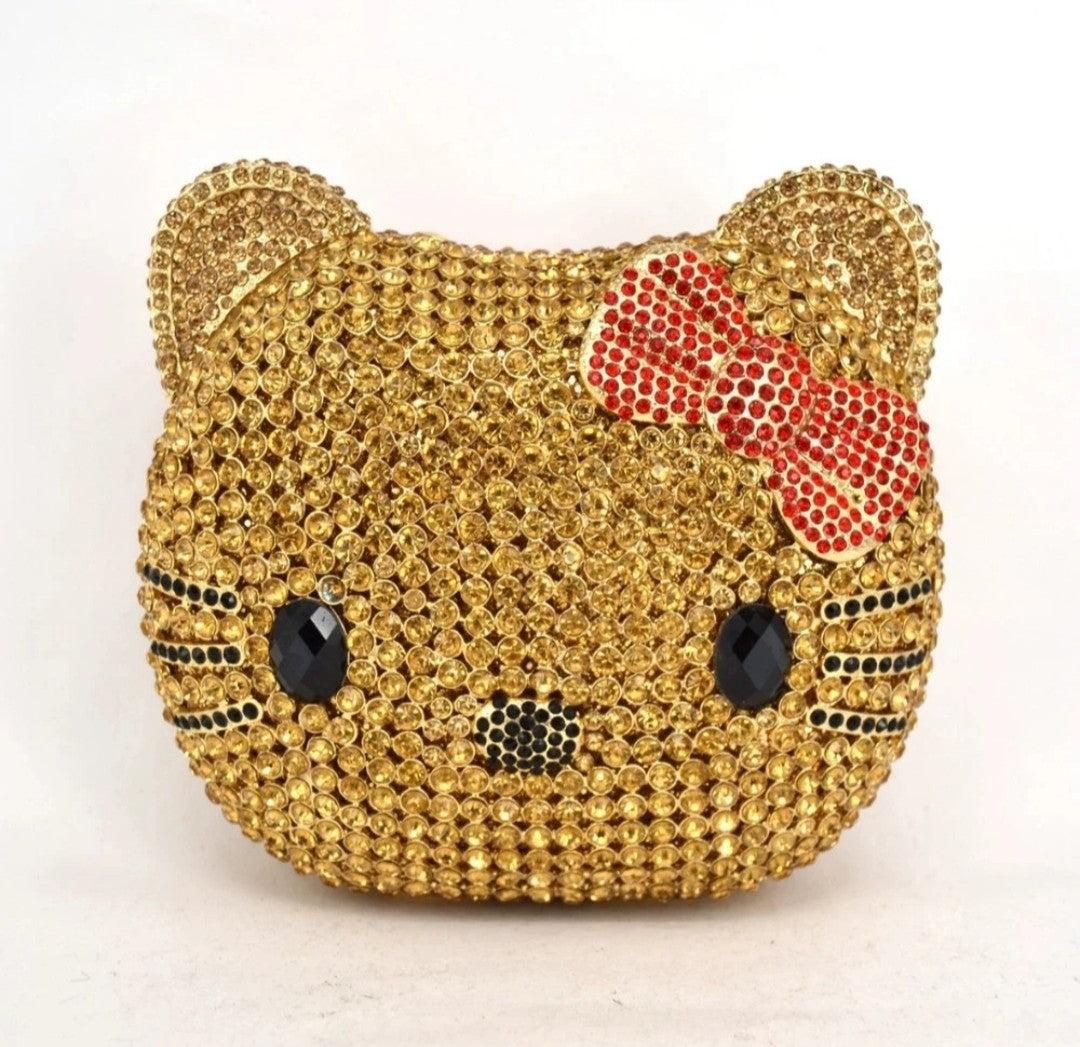 (Free Shipping)(Tariffs included in price) Kitty Head Anime Diamond Evening Clutch Rhinestone Bags New Gorgeous Unique Metallic Rhinestone Purses Wedding Clutches