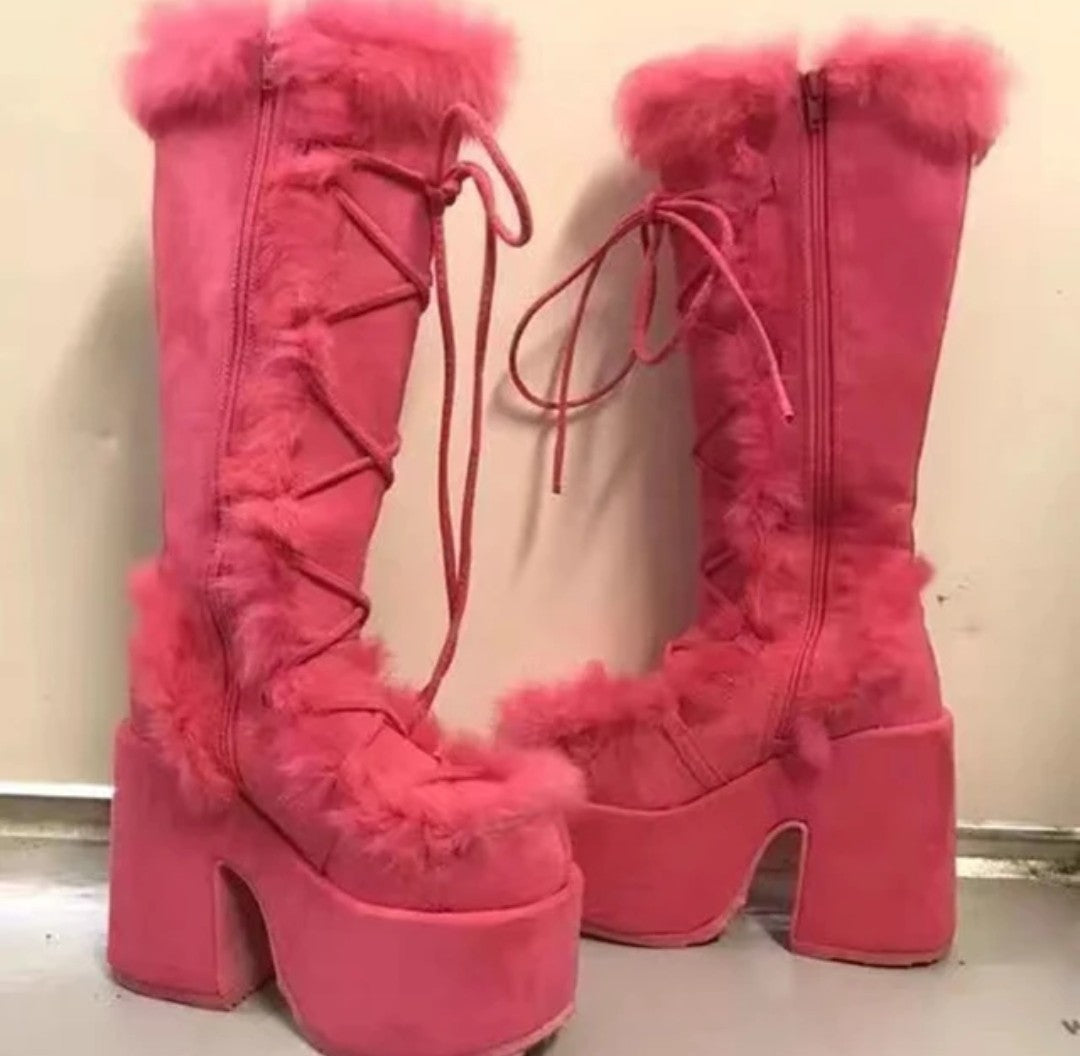(Free Shipping) Women's Western Thick Chunky Heels Long Lace Up Furry Round Toe Platform Knee High Boots