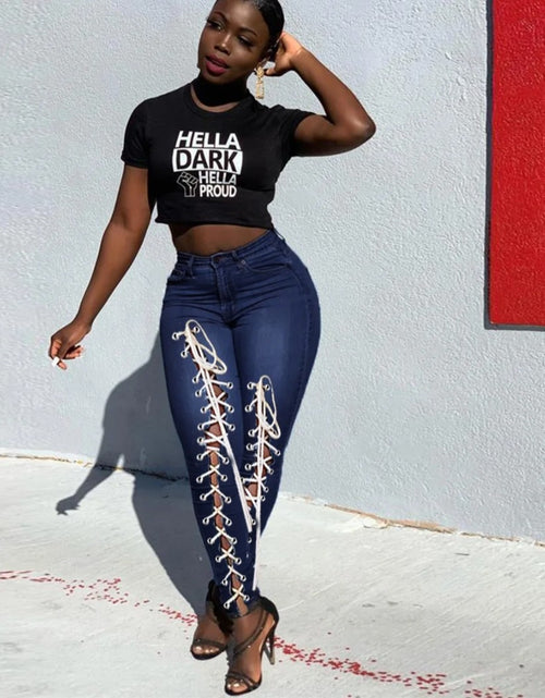 Load image into Gallery viewer, (Free Shipping)(Tariffs included in price) High waist plus size woman jeans eyelet bandage fashion tiny leg women skinny jeans
