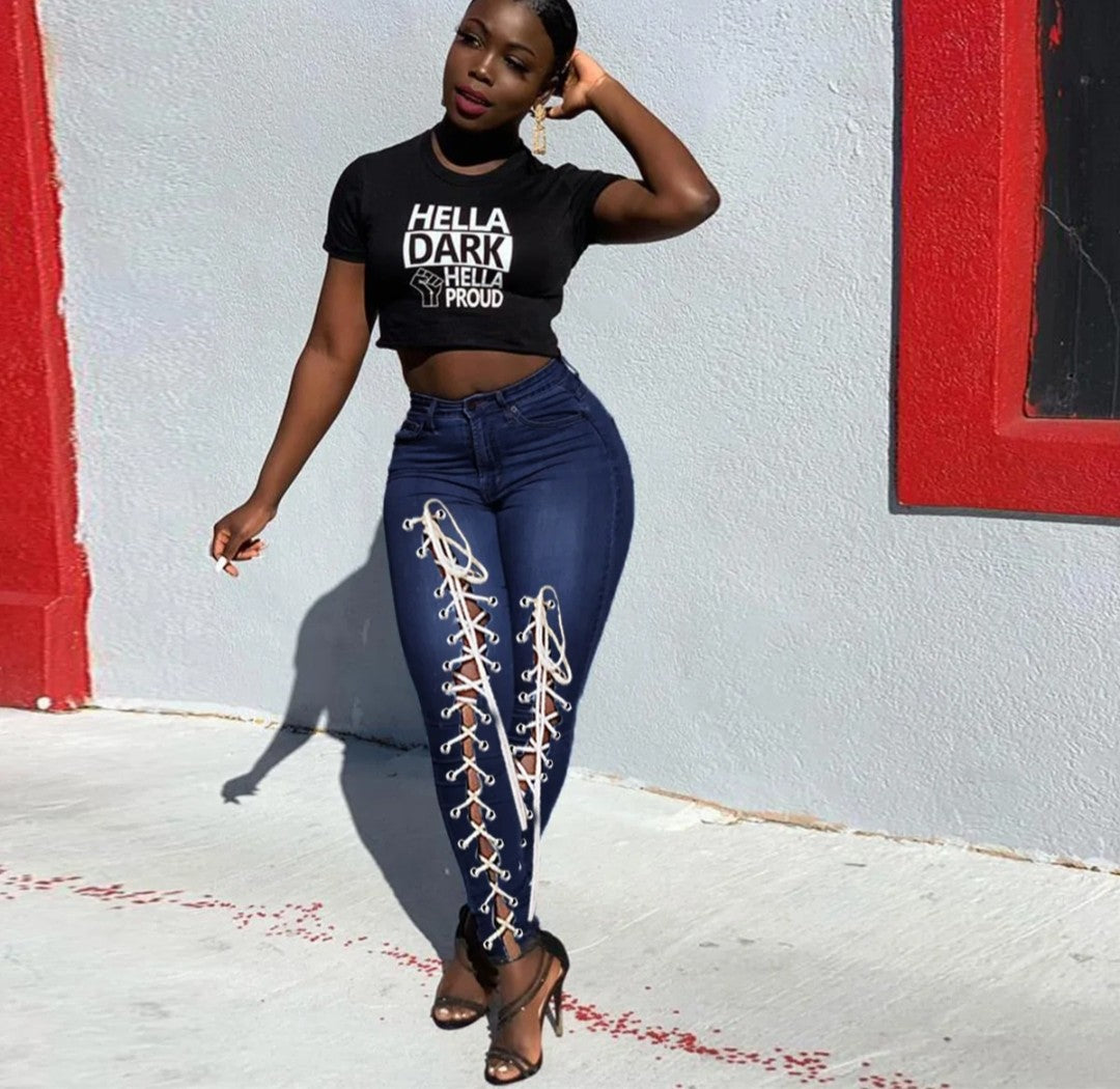 (Free Shipping)(Tariffs included in price) High waist plus size woman jeans eyelet bandage fashion tiny leg women skinny jeans