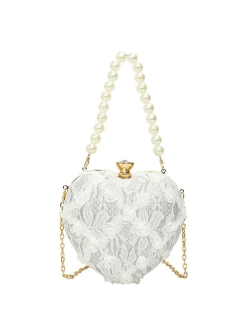 Load image into Gallery viewer, (Free Shipping)(Tariffs included in price) Luxury Lace Flower Heart Shape Pearl Handle Clutch Purse Diamond Evening Wedding Party Shoulder Bag Handle Rose Floral Handbags

