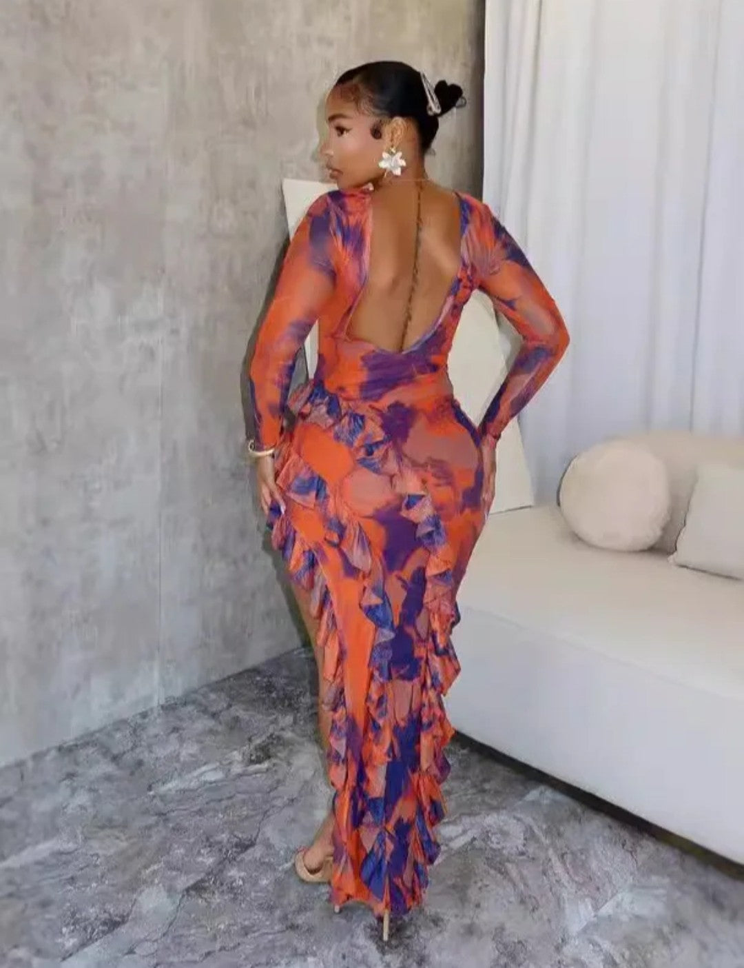 (Free Shipping)(Tariffs included in price) Women Fashion Printed dress Sexy Backless Irregular Split Skirt