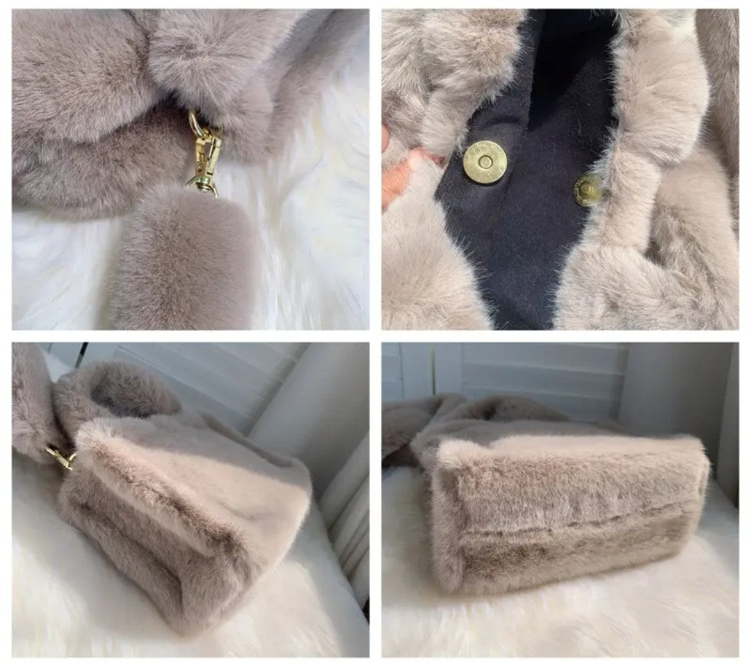 (Free Shipping) Women's Soft Plush Hand Bag Solid Color Tote Female Large Capacity Fur Underarm Bags Furry Fluffy Shoulder Crossbody Bag