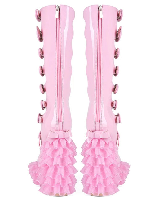 Load image into Gallery viewer, Cut Out Knee High Boots Women Buckle Thick Laced Platform Chunky Heels Back Zipper Long Patent Boots
