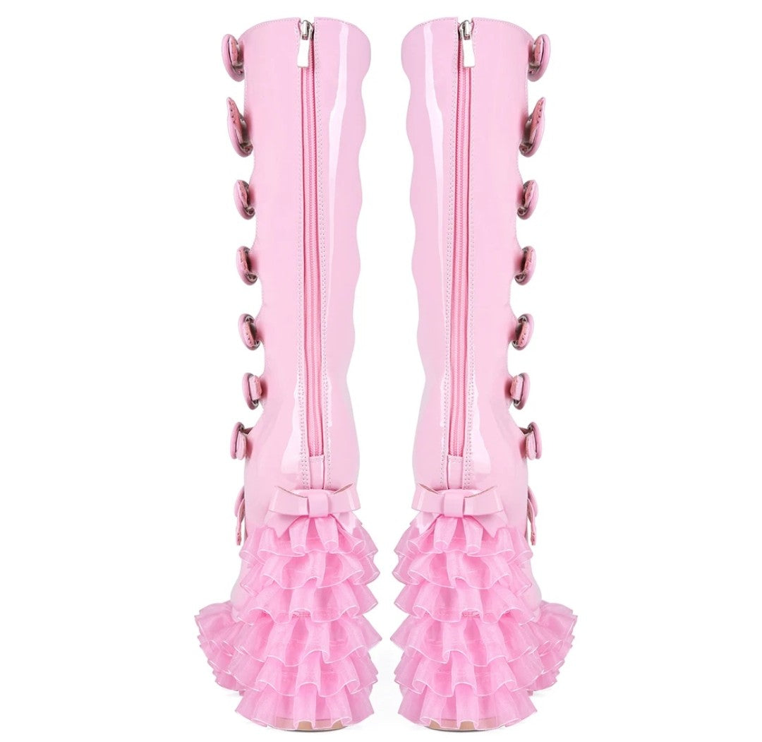 Cut Out Knee High Boots Women Buckle Thick Laced Platform Chunky Heels Back Zipper Long Patent Boots