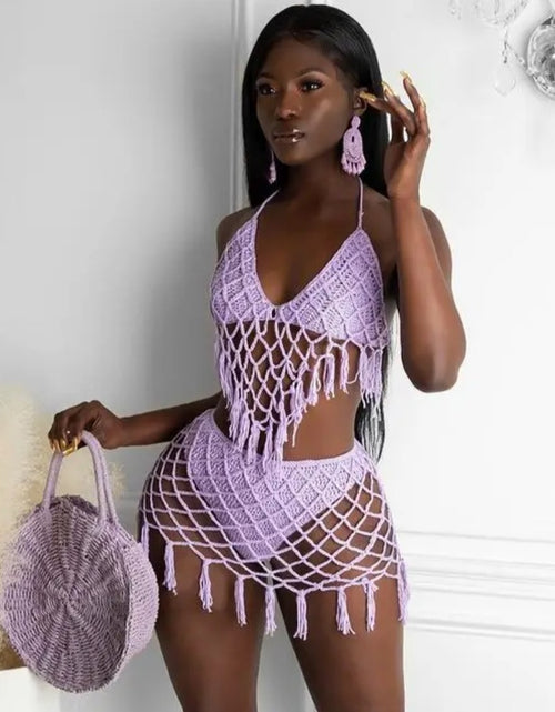 Load image into Gallery viewer, (Free Shipping)(Tariffs included in price) Crochet 2 piece Bikini Set Beach Swimwear Women's Tassel Solid Color Swimsuit
