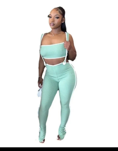 Load image into Gallery viewer, (Free Shipping)(Tariffs included in price) Women's New Stretch Pin Strip Sexy Chest Wrap Suspender Trousers Stylish Casual Suit Two-Piece Set
