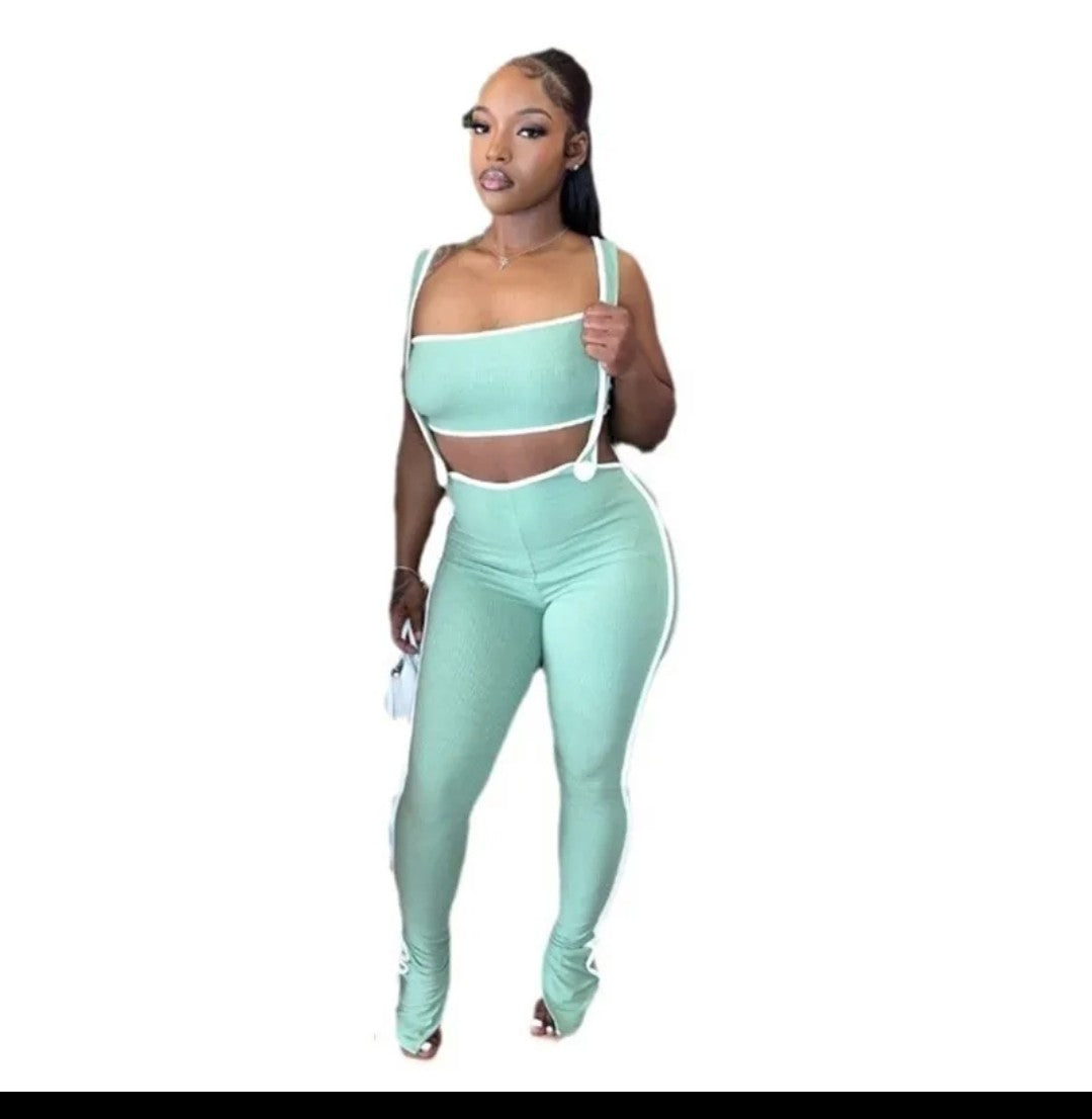 (Free Shipping)(Tariffs included in price) Women's New Stretch Pin Strip Sexy Chest Wrap Suspender Trousers Stylish Casual Suit Two-Piece Set