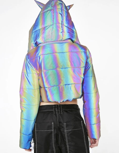 Load image into Gallery viewer, (Free Shipping)(Tariffs included in price) Winter Wear Crop Top Holographic Reflective Women Padding Jacket With Hood
