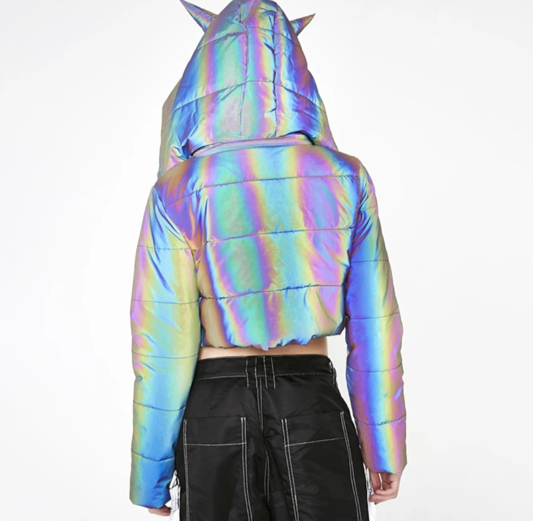(Free Shipping)(Tariffs included in price) Winter Wear Crop Top Holographic Reflective Women Padding Jacket With Hood
