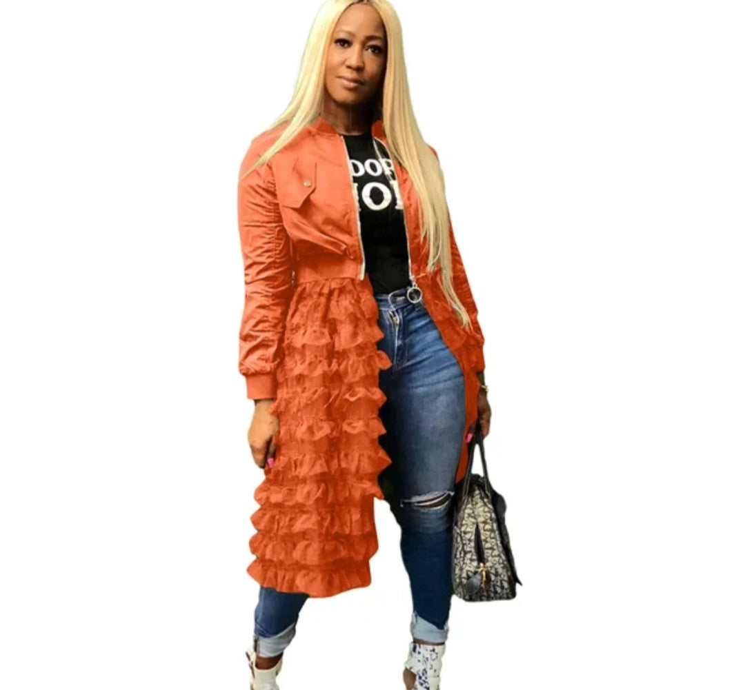 (Free Shipping)(Tariffs included in price) Spring fashion dress patch mesh ruffle woman zip long jacket coat