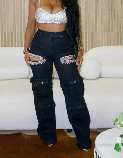 Load image into Gallery viewer, (Free Shipping)(Tariffs included in price) Ladies Wide Leg High Waist Washed Spliced Butterfly Bow Jeans
