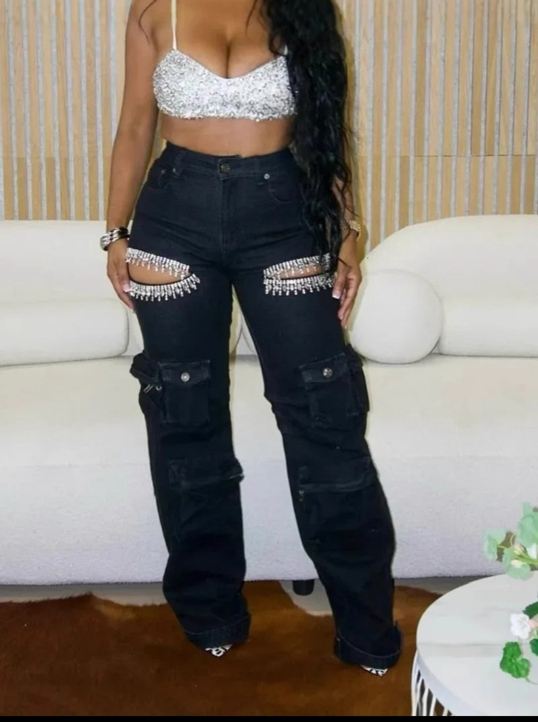 (Free Shipping)(Tariffs included in price) Ladies Wide Leg High Waist Washed Spliced Butterfly Bow Jeans