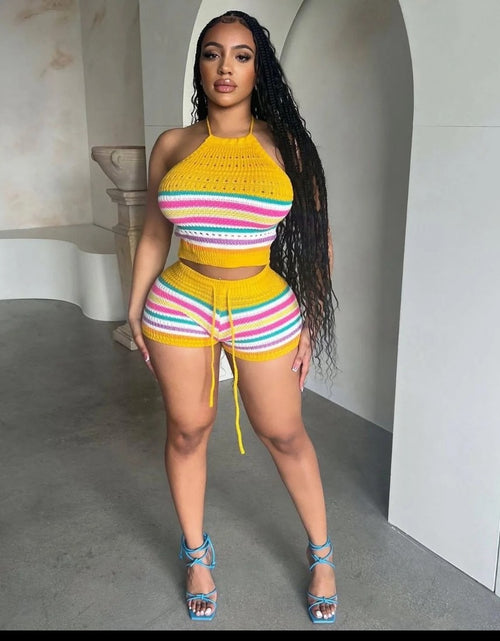 Load image into Gallery viewer, (Free Shipping)(Tariffs included in price) Summer 2Pcs for Women Striped Sleeveless Top &amp; Drawstring High Waist Shorts Set
