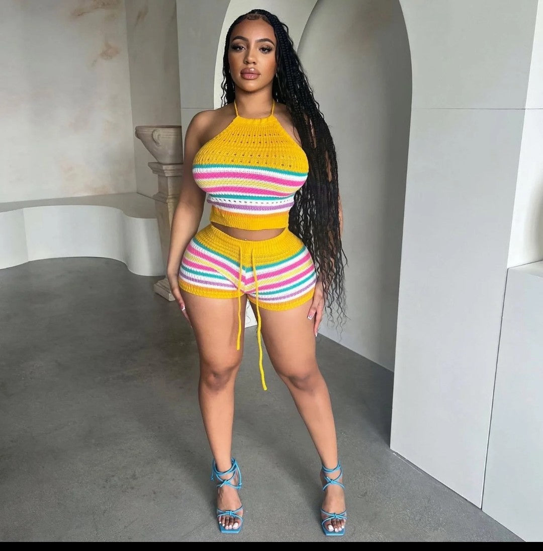 (Free Shipping)(Tariffs included in price) Summer 2Pcs for Women Striped Sleeveless Top & Drawstring High Waist Shorts Set