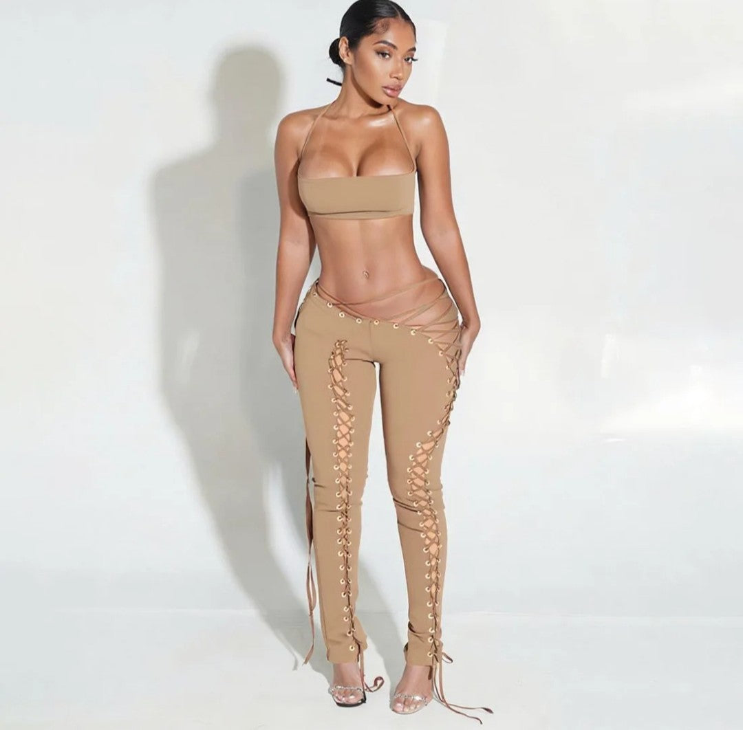 (Free Shipping)(Tariffs included in price) Women's trendy stylish two piece lace up pants set women spaghetti strap top