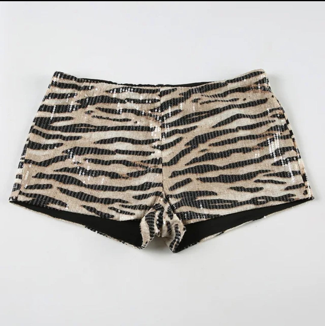 (Free Shipping)(Tariffs included in price) Sequins Leopard Print Shorts Women Hipster Sexy Low Waist Stretch Hot Pants