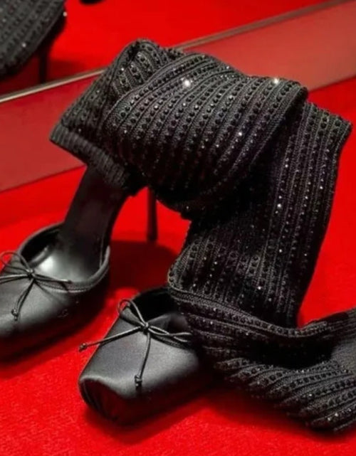 Load image into Gallery viewer, (Free Shipping) Diamond Knitted Upper High Heeled Shoe Front Bow Square Toe Knee High Stretch Cut Out Sock Sandals
