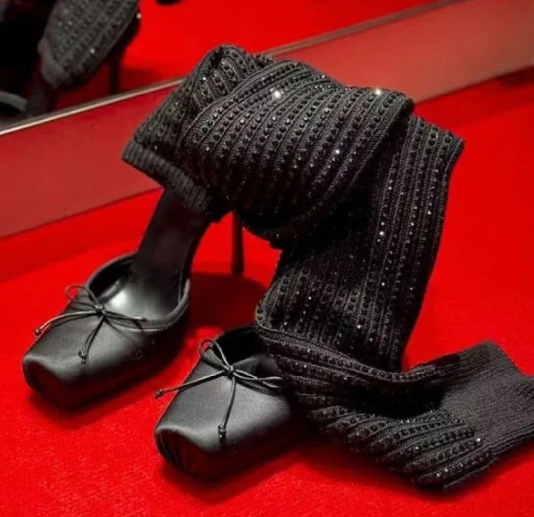 (Free Shipping) Diamond Knitted Upper High Heeled Shoe Front Bow Square Toe Knee High Stretch Cut Out Sock Sandals