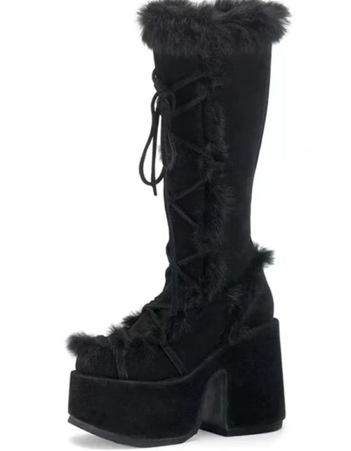 Load image into Gallery viewer, (Free Shipping) Women's Western Thick Chunky Heels Long Lace Up Furry Round Toe Platform Knee High Boots
