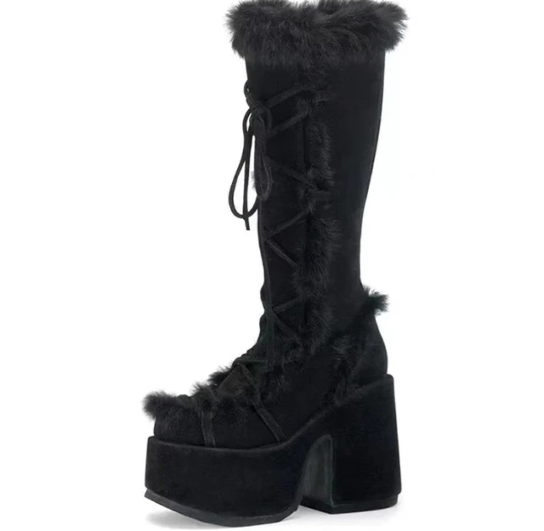 (Free Shipping) Women's Western Thick Chunky Heels Long Lace Up Furry Round Toe Platform Knee High Boots