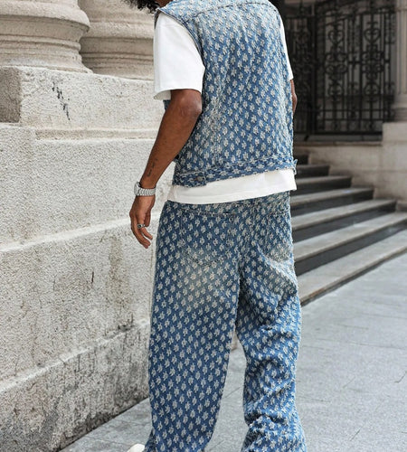 (Free Shipping)(Tariffs included in price)Autumn Winter Oversized 2-Piece Sleeveless Denim Jacket Baggy Trousers Streetwear Style Mid-Waist Breathable Washable Woven