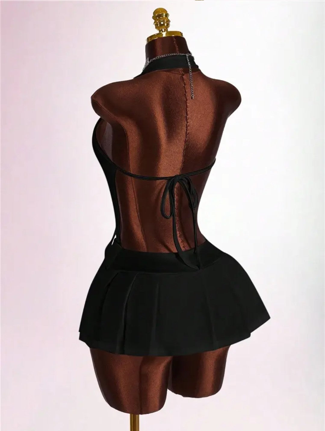 Fashion Deep V Backless A-line Mini Dresses Women Sleeveless Backless Lace up Slim Pleated Dress