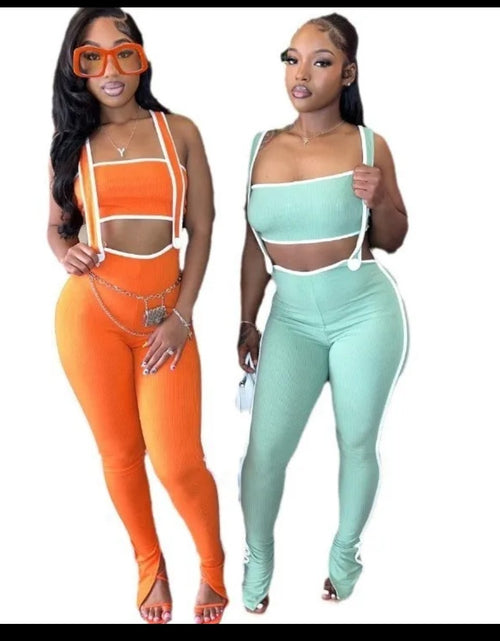 Load image into Gallery viewer, (Free Shipping)(Tariffs included in price) Women's New Stretch Pin Strip Sexy Chest Wrap Suspender Trousers Stylish Casual Suit Two-Piece Set
