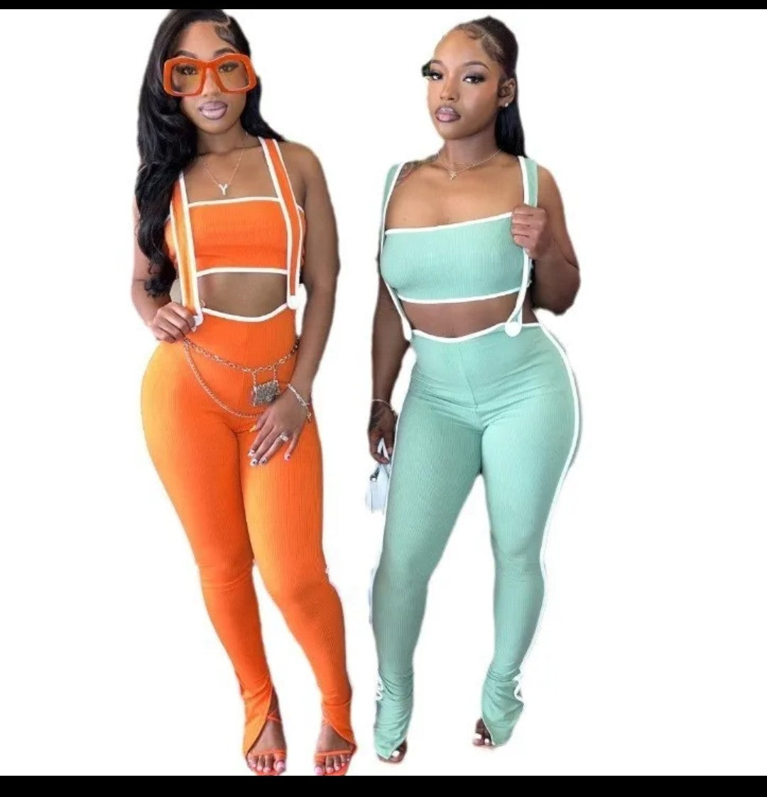 (Free Shipping)(Tariffs included in price) Women's New Stretch Pin Strip Sexy Chest Wrap Suspender Trousers Stylish Casual Suit Two-Piece Set