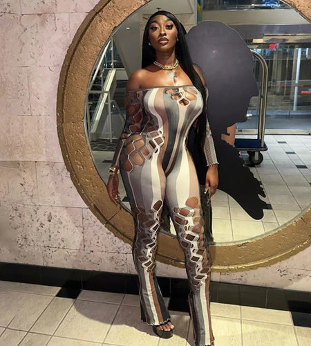 (Free Shipping)(Tariffs included in price) Sexy Hollowed Out Long Sleeve Jumpsuit Women's Romper Slim Off Shoulder Playsuit