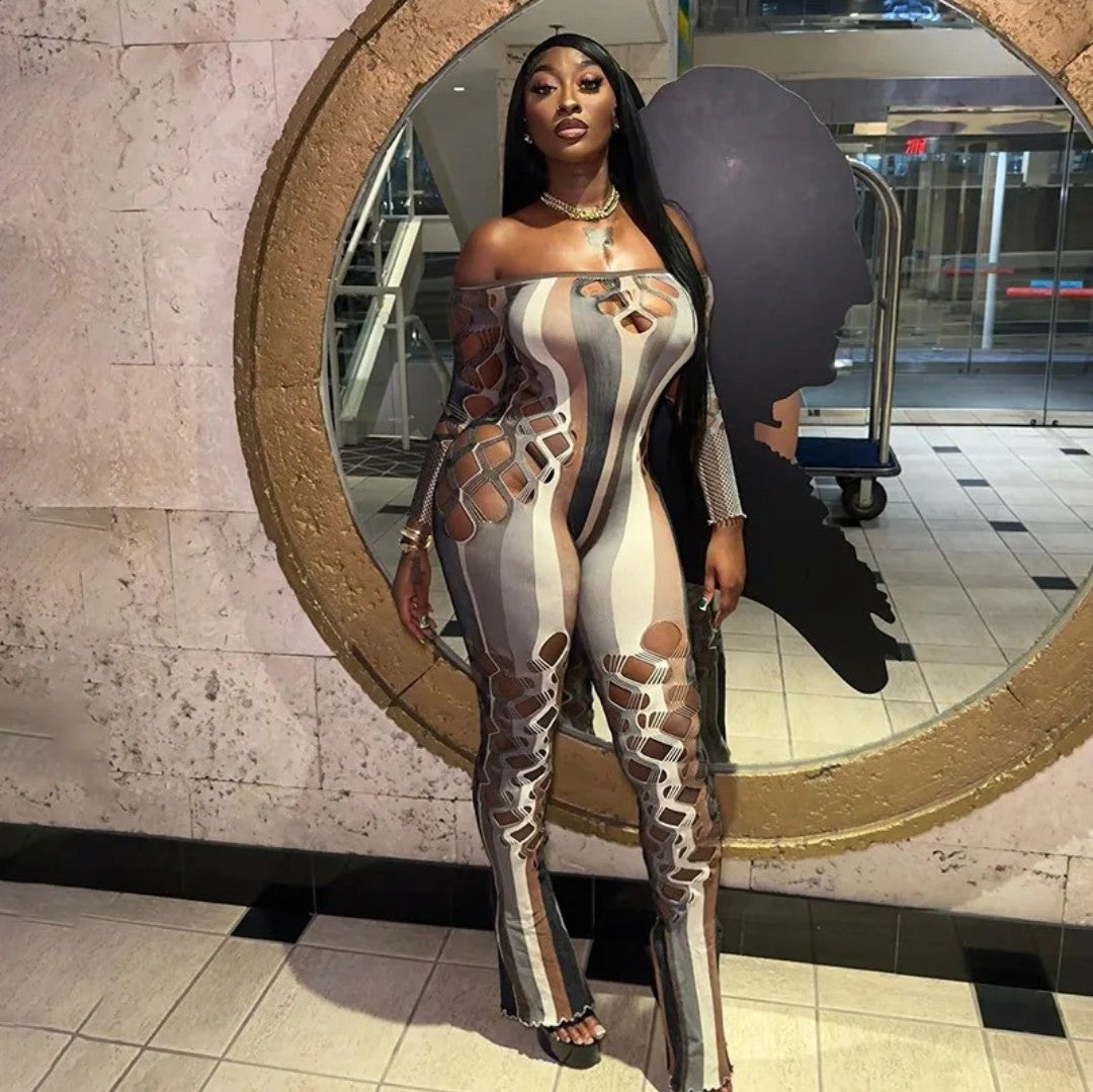 (Free Shipping)(Tariffs included in price) Sexy Hollowed Out Long Sleeve Jumpsuit Women's Romper Slim Off Shoulder Playsuit