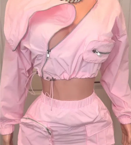 (Free Shipping)(Tariffs included in price) Safari Style long sleeve top zipper fly cargo mini skirt