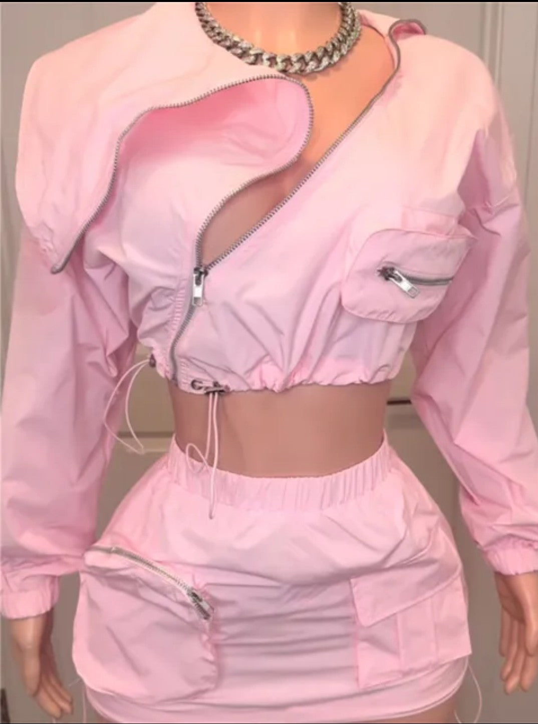 (Free Shipping)(Tariffs included in price) Safari Style long sleeve top zipper fly cargo mini skirt