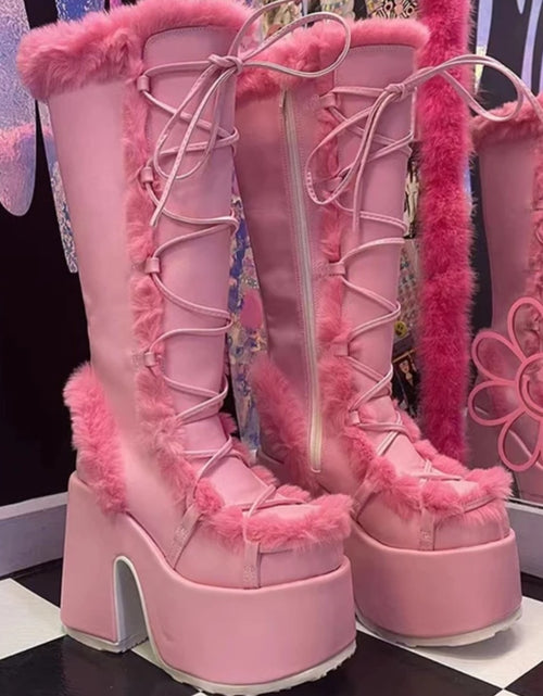 Load image into Gallery viewer, (Free Shipping) Women's Western Thick Chunky Heels Long Lace Up Furry Round Toe Platform Knee High Boots
