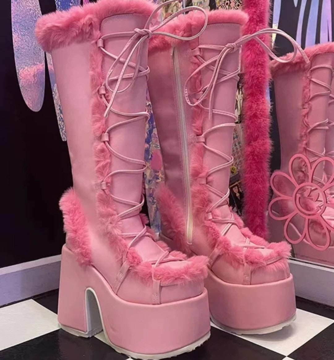 (Free Shipping) Women's Western Thick Chunky Heels Long Lace Up Furry Round Toe Platform Knee High Boots