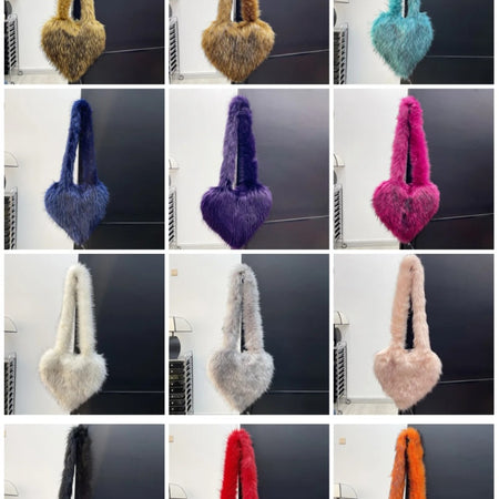 (Free Shipping)(Tariffs included in price) Woman's Faux Fur Heart Shaped Shoulder Crossbody Bag Winter Fur HandBags for women Female Clutch Purse Messenger Bag