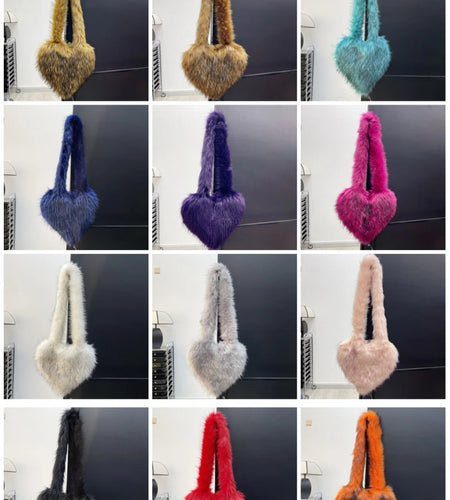 (Free Shipping)(Tariffs included in price) Woman's Faux Fur Heart Shaped Shoulder Crossbody Bag Winter Fur HandBags for women Female Clutch Purse Messenger Bag