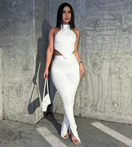 (Free Shipping)(Tariffs included in price) Summer new casual suit solid color hanging neck top trousers casual suit woven puff printed o- neck collar