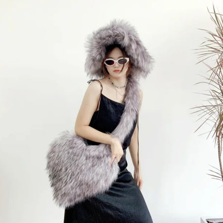 (Free Shipping)(Tariffs included in price)Designer Women's Luxury Furry Racoon Handbag Faux Fur Hat and Bag