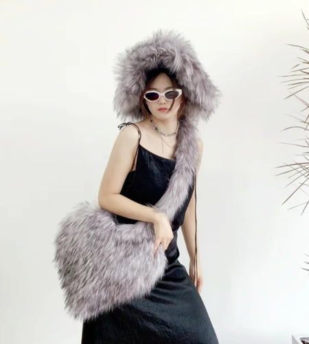 (Free Shipping)(Tariffs included in price)Designer Women's Luxury Furry Racoon Handbag Faux Fur Hat and Bag