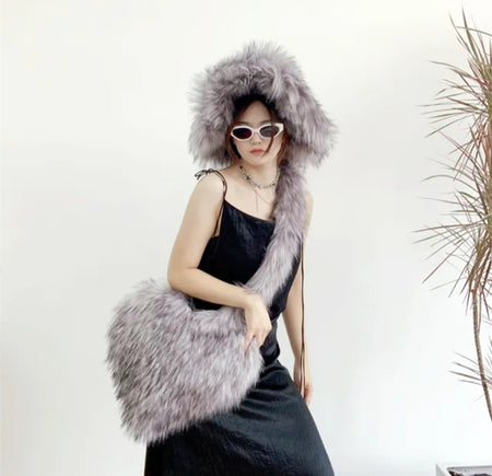 (Free Shipping)(Tariffs included in price)Designer Women's Luxury Furry Racoon Handbag Faux Fur Hat and Bag