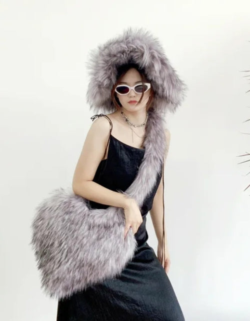 Load image into Gallery viewer, (Free Shipping)(Tariffs included in price)Designer Women's Luxury Furry Racoon Handbag Faux Fur Hat and Bag
