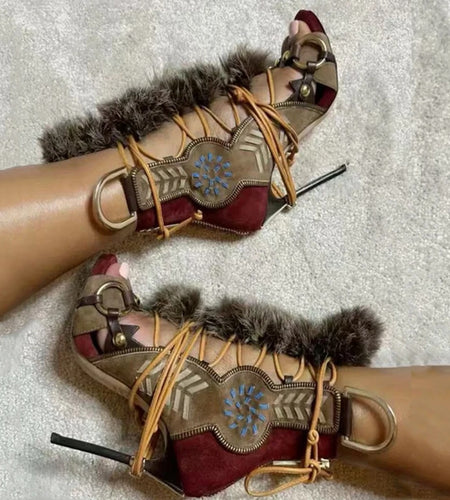 (Free Shipping) Fluffy Fur Decorated Cross Laced Wide Fit Metal Elements High Heels