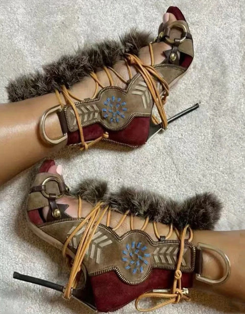 Load image into Gallery viewer, (Free Shipping) Fluffy Fur Decorated Cross Laced Wide Fit Metal Elements High Heels
