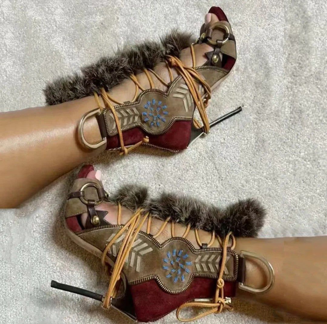 (Free Shipping) Fluffy Fur Decorated Cross Laced Wide Fit Metal Elements High Heels