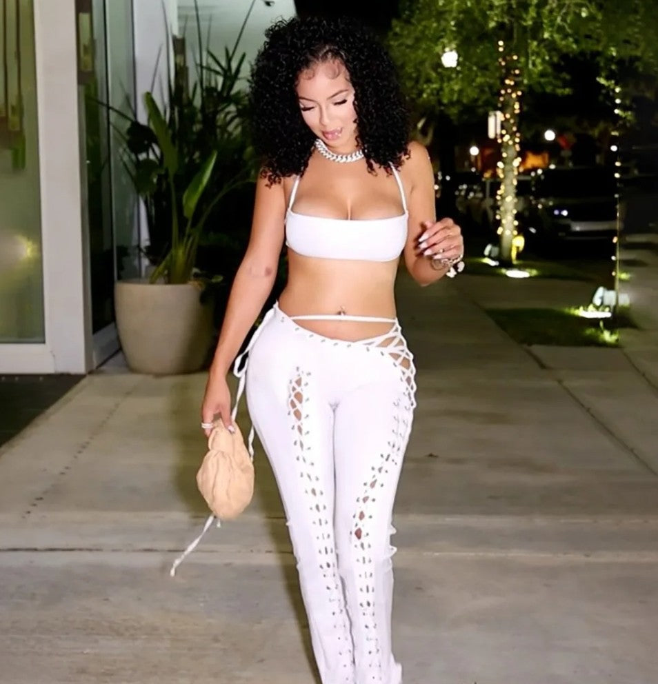 (Free Shipping)(Tariffs included in price) Women's trendy stylish two piece lace up pants set women spaghetti strap top