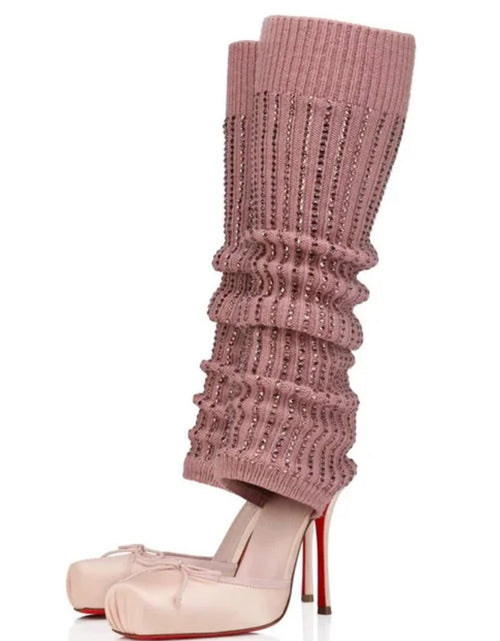 Load image into Gallery viewer, (Free Shipping) Diamond Knitted Upper High Heeled Shoe Front Bow Square Toe Knee High Stretch Cut Out Sock Sandals
