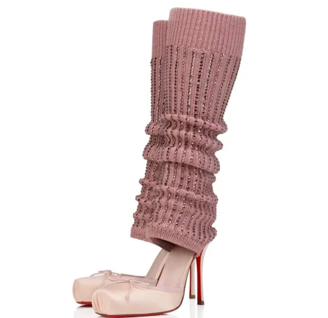 (Free Shipping) Diamond Knitted Upper High Heeled Shoe Front Bow Square Toe Knee High Stretch Cut Out Sock Sandals